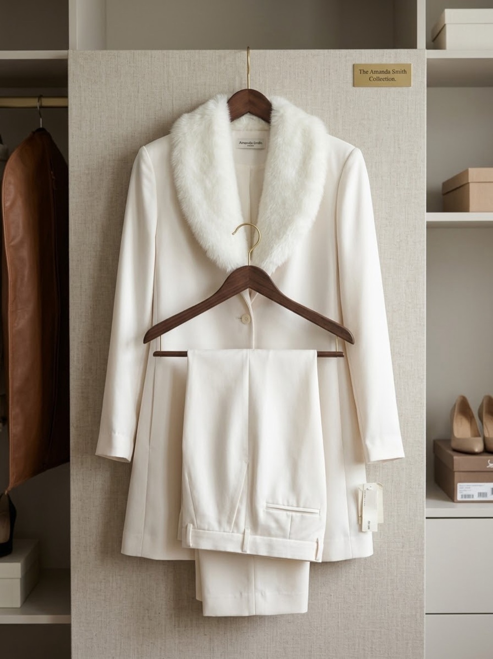 Amanda Smith 2 Pc Off White Suit Set Faux Fur Collar